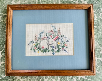 Vintage Framed Bunny Cross Stitch - Cottage Core