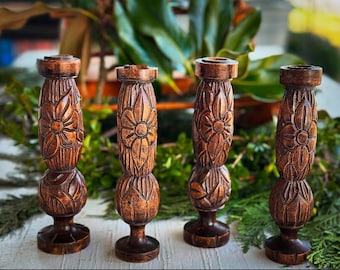Four Unique Hand Carved Vintage Wooden Folk Candlesticks/ Candle Holders