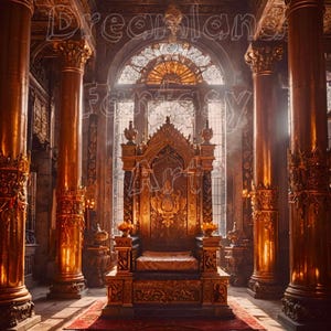 May include: A large, ornate, gold throne sits in a grand, golden room with tall columns and a stained glass window. The throne has a high back and armrests, and is decorated with intricate carvings.