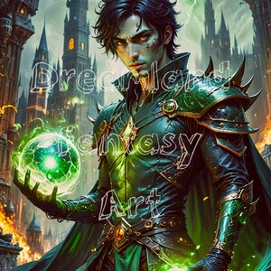 May include: A fantasy art illustration of a man in a green and gold costume holding two glowing green orbs. He is standing in front of a dark, gothic building.