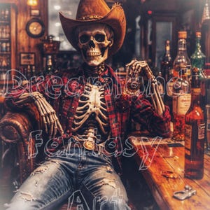 Cowboy Skeleton Art Print | Western Saloon | Rustic Decor | 2 Styles | Whiskey, Cigar, & Beer Theme | 8x10 Digital Download