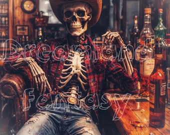 Konsttryck med cowboyskelett | Western Saloon | Rustik inredning | 2 stilar | Whisky-, cigarr- och öltema | Digital nedladdning 8x10