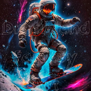 Astronaut Snowboarding in Space Print – Sci-Fi Wall Art | Cosmic Decor for Kids Room | Outer Space Digital Art 8x10
