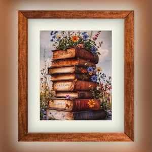 Vintage Books & Wildflowers Art Prints | 4 Whimsical 8x10 Prints | Enchanted Book Garden | Cozy Book Lovers Decor | Antique Books w Flowers
