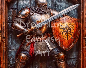 May include: A knight in full armor stands in a doorway, holding a sword and shield. The shield is brown with a gold design and the knight is wearing a helmet with a plume.
