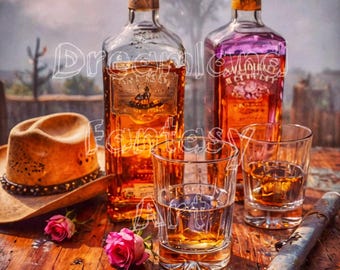 Konsttryck med whisky och rosor | 2 tryck | Realism och konstnärlig stil | Bardekor med cowgirl i västerländsk whiskystil | Rustik väggkonst för bar, 20x25 cm