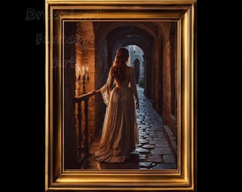 Couloir du château | Art mural | femme médiévale | Couloir aux flambeaux, impressions décoratives fantaisie | décoration d'intérieur médiévale | 2 impressions | 8 x 10