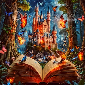 Enchanted Castle Fantasy Print | Magical Storybook  | Fairytale Butterfly Forest Decor | 8 x 10 digital print + exclusive backstory 5x7
