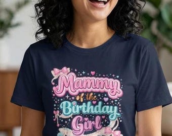 Camiseta "Mamá de la cumpleañera", camiseta a juego para la familia de la fiesta de cumpleaños, camiseta con lazo coqueto, regalo de cumpleaños rosa y azul para mamá