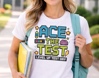 Camiseta "Aprueba el examen", Camiseta "Sube de nivel el día del examen", Camiseta de examen para profesores y alumnos, Camiseta "Aprueba el examen" estilo Pixel Gamer con motivación para subir de nivel el día del examen