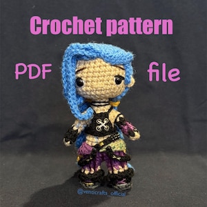 Arcane Jinx crochet pattern PDF for League of Legends inspired doll/keychain