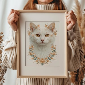 Floral White Cat Art Print - Botanical Cat Wall Art - Whimsical Nature Illustration for Home Decor