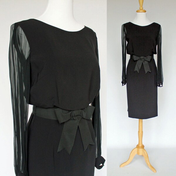 60's  Black Cocktail Dress / Wiggle Dress / Sheer Sleeves / Bow at Waist / XSmall