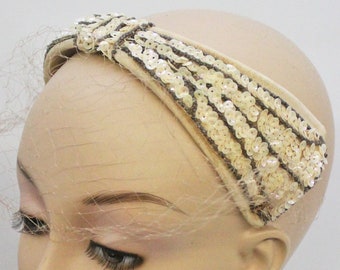 50's  Vintage Wedding Fascinator / Caplet / Small Hat with Sequins and Netting / Beige Tan