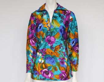 70's Neon Floral Zip Front Shirt Blouse / Long Sleeves / Small