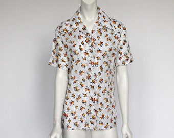 70's Lady Manhatten Button Front Floral Cotton Blouse / Short Sleeves / Orange and Navy Blue Floral / Small to Medium