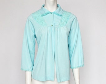 Blue Nylon Bed Jacket or Pajama Top with Lace / Short Sleeves / Texsheen / Small