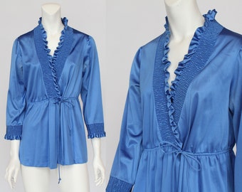 80's Royal Blue Nylon Wrap Robe Jacket  with Smocking / JC Penney / Tie Belt / Mini Robe / Small