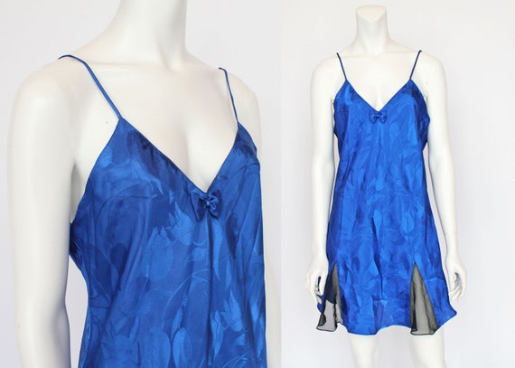 80's Cobalt Blue Satin Jacquard Nightgown with Sh… - image 1
