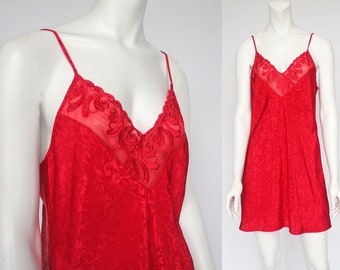 80's Red Satin Jacquard Nightgown / Short Nightie with Flared Skirt / Val Mode / Spaghetti Straps / Medium