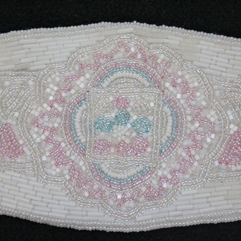 80/'s Wide Beaded White Satin Belt Pastel Beads Accent Belt with Beaded Design Medium to Large