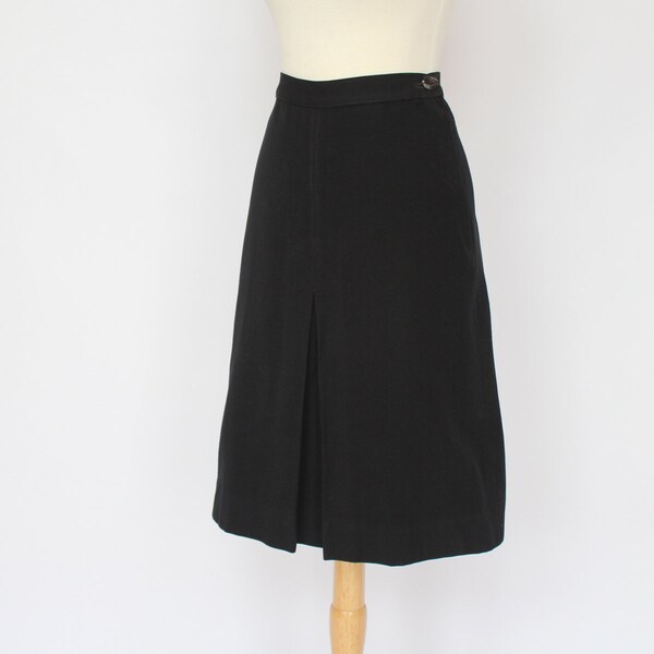 60's Black Wool Gabardine Skirt / Flared / Center Knife Pleat - XSmall