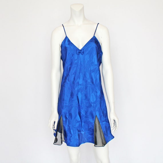 80's Cobalt Blue Satin Jacquard Nightgown with Sh… - image 5