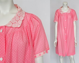 60's Miss Elaine Polka Dot Button Front Cotton Robe with Lace Collar / Medium to Large