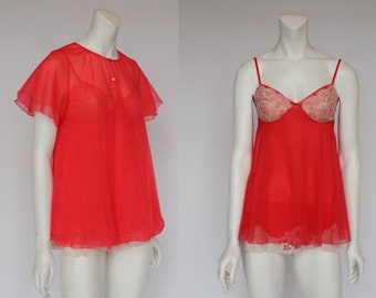 60's / 70's  Baby Doll Nightgown, Panty and Cover Up / Hollywood Vassarette / Bright Orange Chiffon / Short Nightie / Small 32