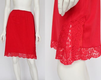 60's Red Half Slip with Lace at Hemline / Hollywood Vassarette / Side Slit / Small