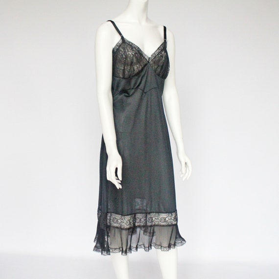 50's  Black Full Slip with Lace Trim and Crystal … - image 2