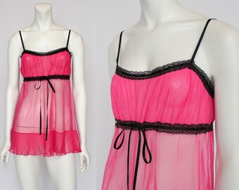 Vintage Victorias Secret Pink Sheer Empire Waist Baby Doll Nightgown, Top, or Mini Dress / Short Nightie / Small