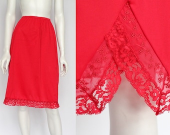 60's Red Half Slip with Lace at Hem / Lorraine "Perfect Fitting" / Vintage Short Nylon Slip / Medium