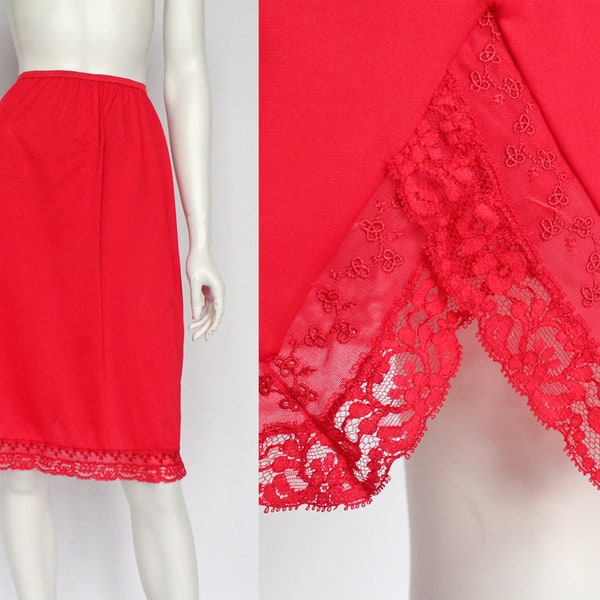 60's Red Half Slip with Lace at Hem / Lorraine "Perfect Fitting" / Vintage Short Nylon Slip / Medium