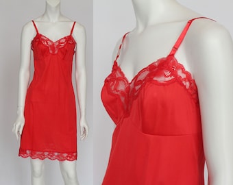 Vintage 60's Vanity Fair Red Full Slip with Lace Trim / Short Slip / Size 32 / Small