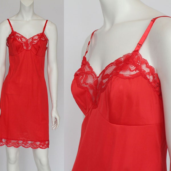 Vintage 60's Vanity Fair Red Full Slip with Lace Trim / Short Slip / Size 32 / Small