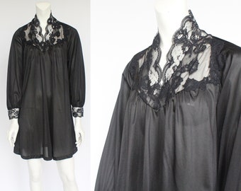 70's Black Button Front Nylon Robe by Kayser / Lace Bodice / Small