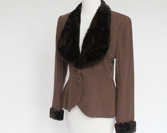 40's Fitted Brown Jacket with Fur Collar & Cuffs / Vintage Wool Jacket / Small