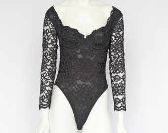 70's Victorias Secret Black Lace Body Suit / Long Sleeves / Gold Crown Label / Small