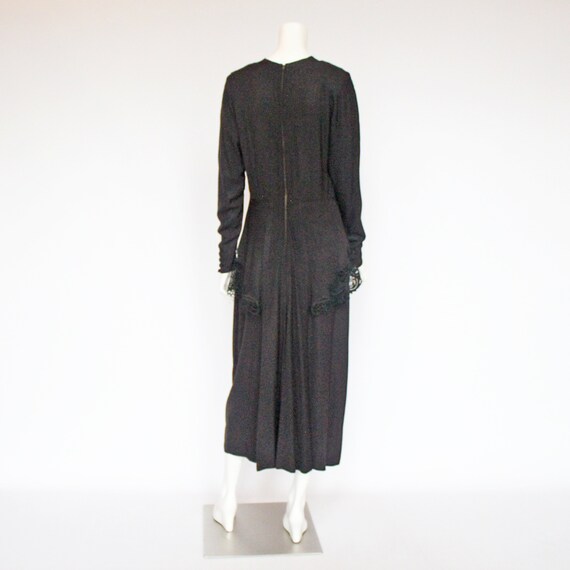 30's Black Peplum Midi Dress / Rayon Crepe / Lace… - image 5