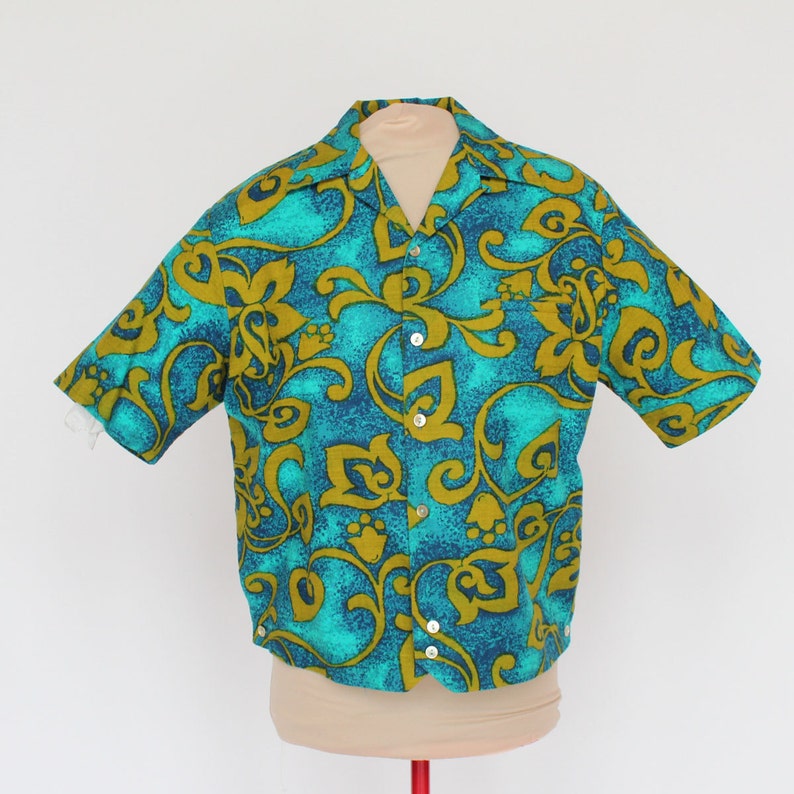 60/'s Men/'s Hawaiian Print Shirt Bark Cloth Short Sleeves Iolani Hapa Jac Medium