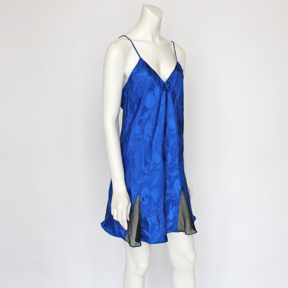 80's Cobalt Blue Satin Jacquard Nightgown with Sh… - image 2