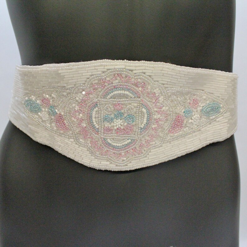 80/'s Wide Beaded White Satin Belt Pastel Beads Accent Belt with Beaded Design Medium to Large