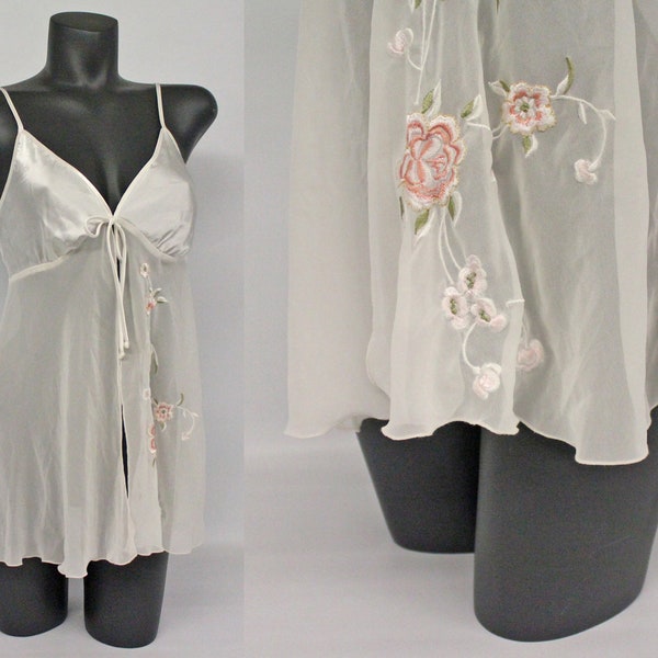 Vintage California Dynasty Open Front Mini  Nightgown with Spaghetti Straps / White Satin and Chiffon / Bridal Nightgown / Medium