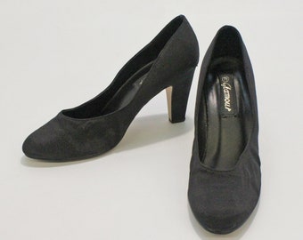 80's Black Faille Fabric High Heel Pumps in 40's Style / Glamour / Size 7 1/2