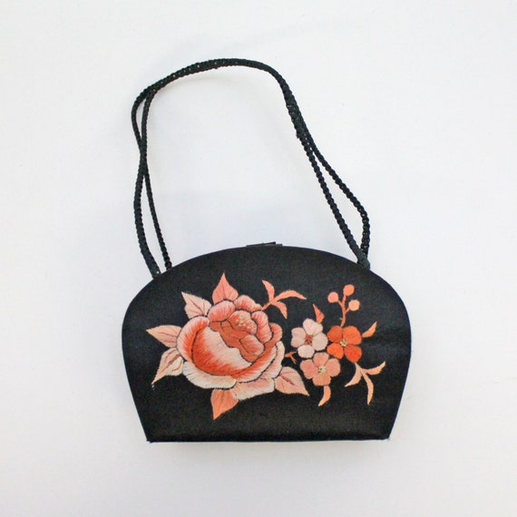 Small Vintage Black Satin Box Purse with Mirror /… - image 2