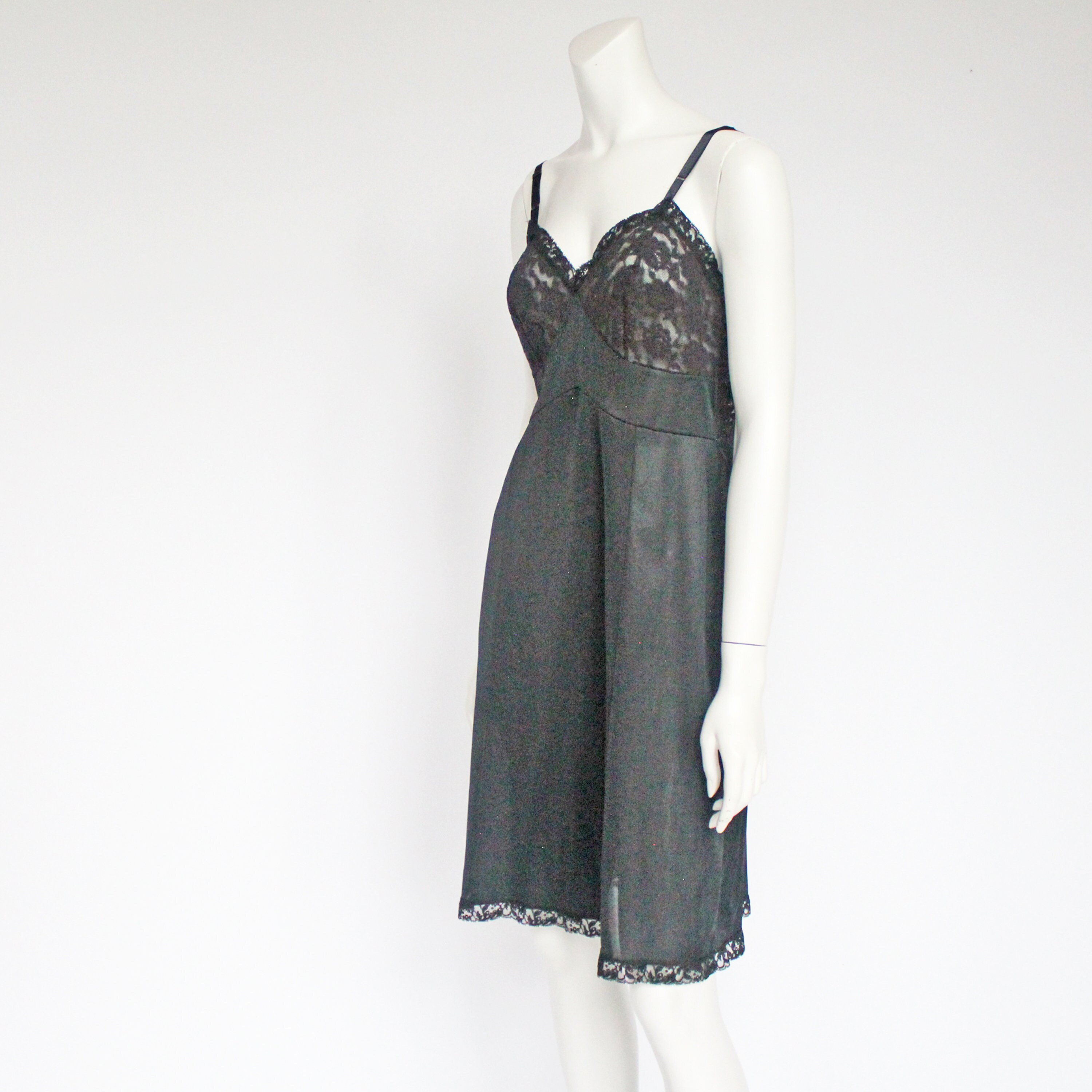 60's Black Full Slip With Stretch Lace Bodice/ Nylon Slip / 38 Average