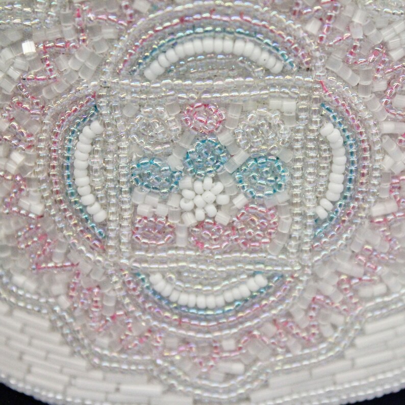 80/'s Wide Beaded White Satin Belt Pastel Beads Accent Belt with Beaded Design Medium to Large