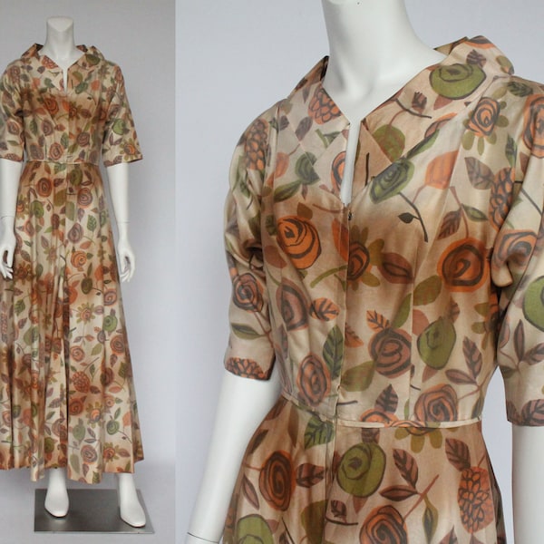 50's / 60's Vintage Designer Hostess Gown / Chiffon Over Silk in a Green & Orange Floral / Stanley Korshak / Small