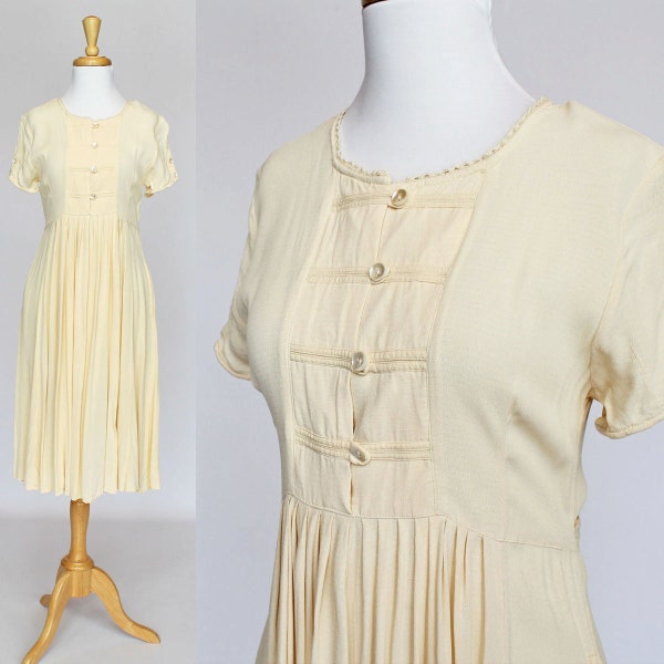 80's  Midi Smock Dress / High Waist / Gathered Skirt / Rayon Crepe / Small